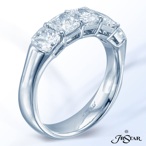JB STAR HANDCRAFTED WEDDING BAND FEATURING 5 INDIVIDUALLY SELECTED RADIANT DIAMONDS IN SHARED PRONG