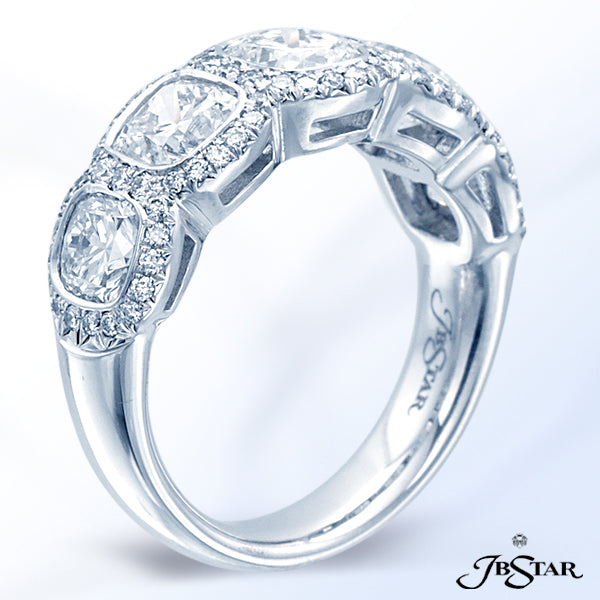 JB STAR EXCEPTIONALLY STYLED THIS PLATINUM WEDDING BAND FEATURES 5 PERFECTLY MATCHED CUSHION DIAMOND