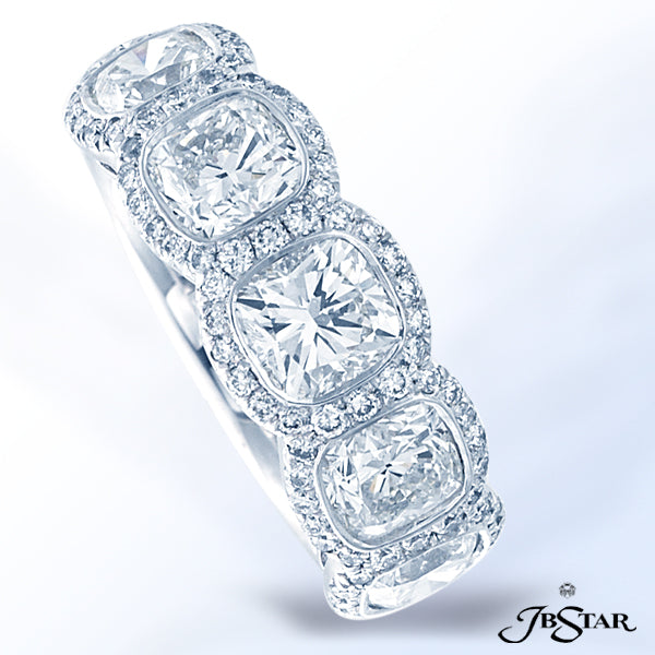 JB STAR EXCEPTIONALLY STYLED THIS PLATINUM WEDDING BAND FEATURES 5 PERFECTLY MATCHED CUSHION DIAMOND