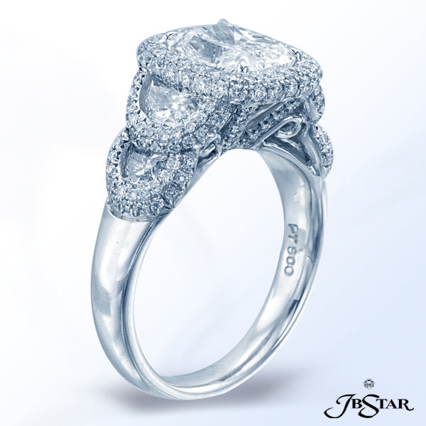 JB STAR HANDCRAFTED PLATINUM AND DIAMOND RING FEATURING A 2.30CT CUSHION DIAMOND WITH HALF-MOON DIAM