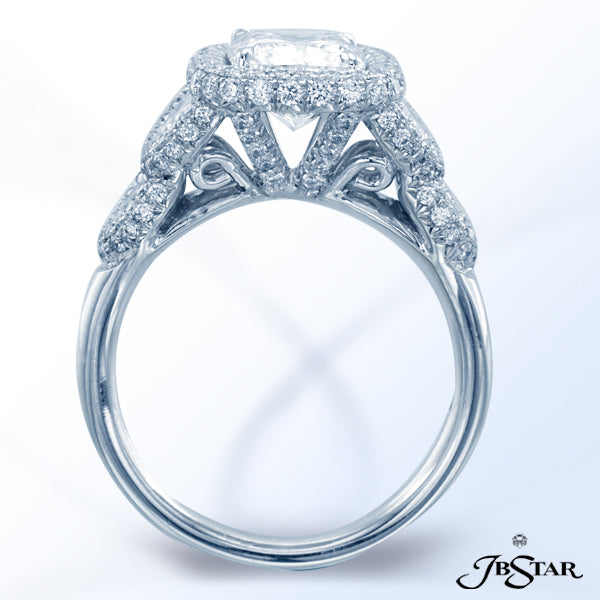 JB STAR HANDCRAFTED PLATINUM AND DIAMOND RING FEATURING A 2.30CT CUSHION DIAMOND WITH HALF-MOON DIAM