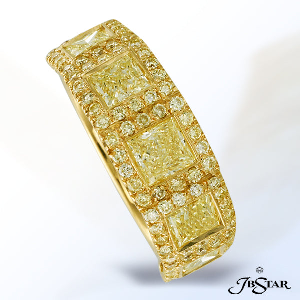 JB STAR NATURAL FANCY YELLOW DIAMOND AND 18KY WEDDING BAND HANDCRAFTED WITH 5 BEZEL-SET FANCY YELLOW