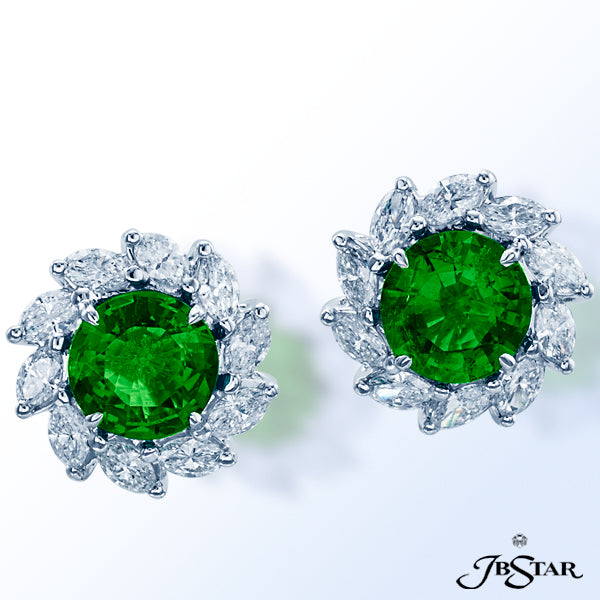 JB STAR EMERALD AND DIAMOND EARRINGS FEATURING 2.43 CTW ROUND EMERALDS ENCIRCLED BY A BURST OF MARQU