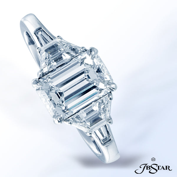 JB STAR PLATINUM DIAMOND RING HANDCRAFTED WITH A STUNNING 1.40 EMERALD-CUT DIAMOND CENTER EMBRACED B