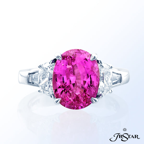 JB STAR PINK SAPPHIRE AND DIAMOND PLATINUM RING FEATURING A "NO-HEAT" 5.07CT OVAL PINK SAPPHIRE EMBR
