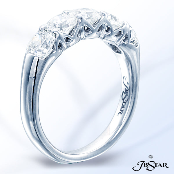 JB STAR PLATINUM DIAMOND WEDDING BAND HANDCRAFTED WITH 5 PERFECTLY MATCHED RADIANT DIAMONDS IN A TRE