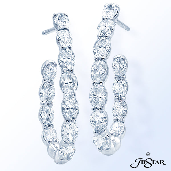 JB STAR STUNNING DIAMOND PLATINUM HOOP EARRINGS HANDCRAFTED WITH 22 PERFECTLY MATCHED OVAL DIAMONDS