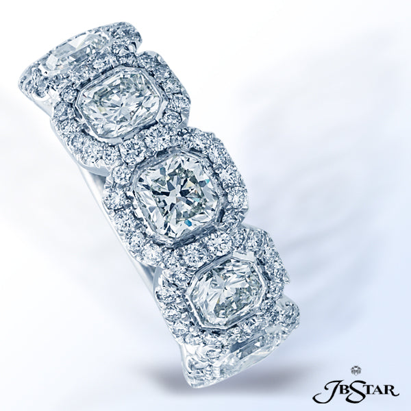 JB STAR DIAMOND WEDDING BAND IN A STUNNING DESIGN OF FIVE BEZEL-SET RADIANT DIAMONDS, EACH EDGED IN