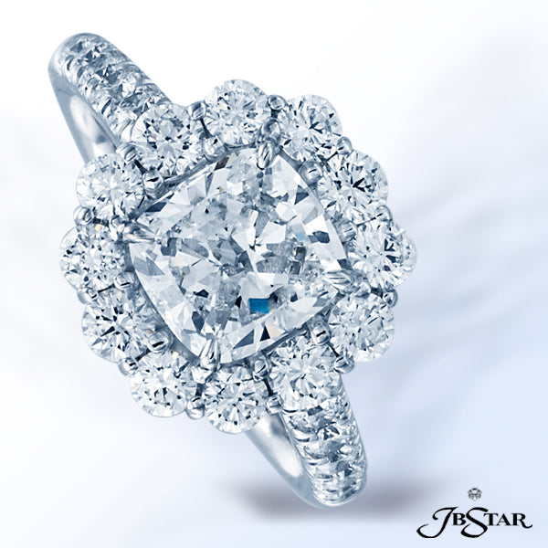 JB STAR STUNNING 1.72CT CUSHION CUT DIAMOND ENGAGEMENT RING ENCIRCLED WITH ROUND DIAMONDS IN A HALO