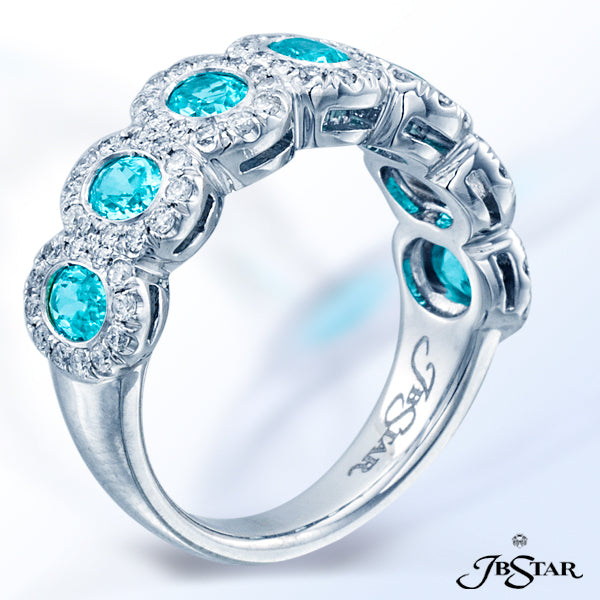 JB STAR PARAIBA AND DIAMOND BAND HANDCRAFTED WITH 7 PERFECTLY MATCHED, BEZEL-SET, OVAL PARAIBAS, EAC