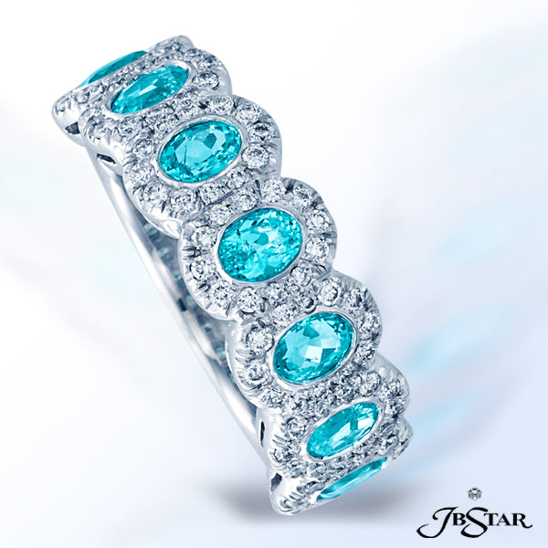 JB STAR PARAIBA AND DIAMOND BAND HANDCRAFTED WITH 7 PERFECTLY MATCHED, BEZEL-SET, OVAL PARAIBAS, EAC