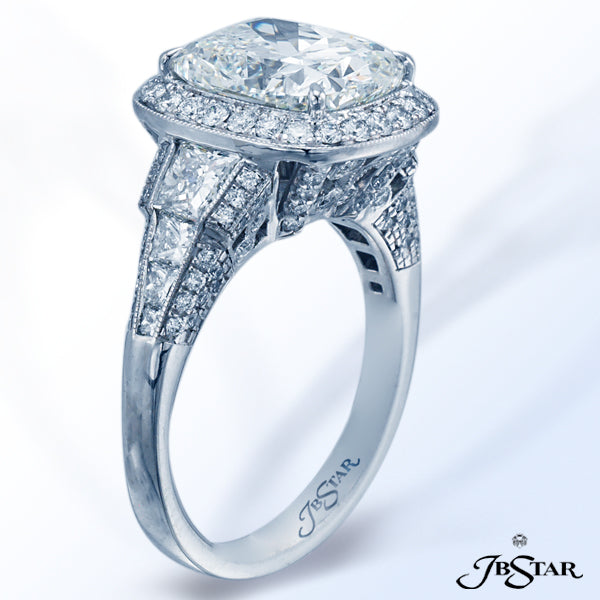 JB STAR PLATINUM DIAMOND RING FEATURING A STUNNING 4.07 CT CUSHION DIAMOND IN A MICRO PAVE SETTING A