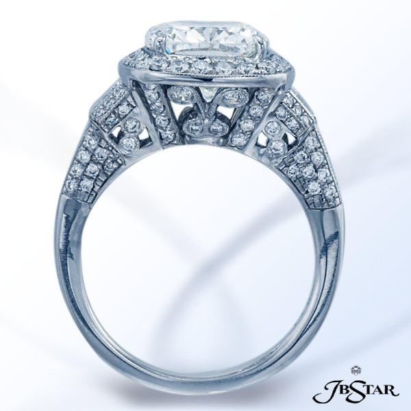 JB STAR PLATINUM DIAMOND RING FEATURING A STUNNING 4.07 CT CUSHION DIAMOND IN A MICRO PAVE SETTING A