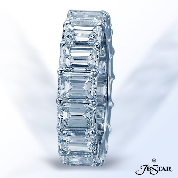 JB STAR PLATINUM ETERNITY BAND HANDCRAFTED WITH 16 IMPRESSIVE EMERALD-CUT DIAMONDS IN A SHARED-PRONG