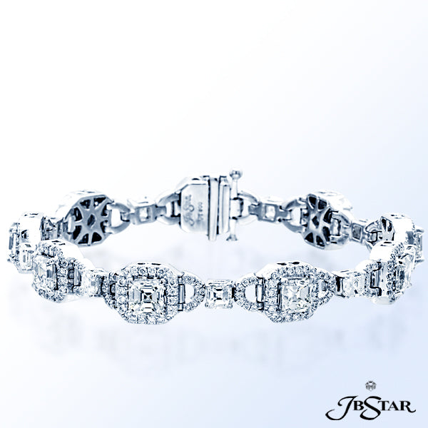 JB STAR PLATINUM BRACELET FEATURING SQUARE-EMERALD DIAMONDS EXQUISITELY LINKED TOGETHER WITH PAVE.