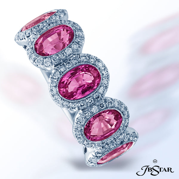 JB STAR PLATINUM PINK SAPPHIRE WEDDING BAND BEAUTIFULLY HANDCRAFTED WITH 5 OVAL PINK SAPPHIRES, EACH