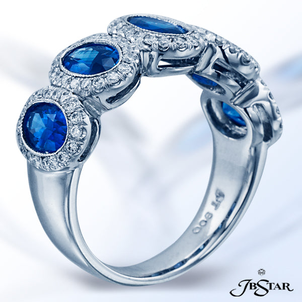 JB STAR PLATINUM BLUE SAPPHIRE WEDDING BAND BEAUTIFULLY HANDCRAFTED WITH 5 OVAL BLUE SAPPHIRES, EACH