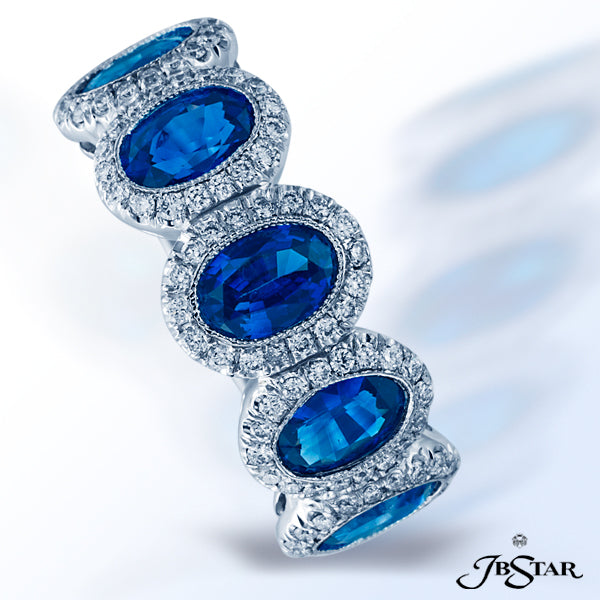 JB STAR PLATINUM BLUE SAPPHIRE WEDDING BAND BEAUTIFULLY HANDCRAFTED WITH 5 OVAL BLUE SAPPHIRES, EACH
