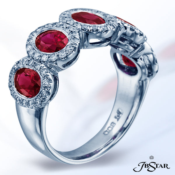 JB STAR RUBY AND DIAMOND BAND HANDCRAFTED WITH 5 PERFECTLY MATCHED, BEZEL-SET OVAL RUBIES, EACH ENCI