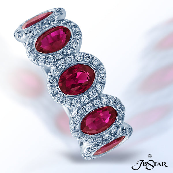 JB STAR RUBY AND DIAMOND BAND HANDCRAFTED WITH 5 PERFECTLY MATCHED, BEZEL-SET OVAL RUBIES, EACH ENCI