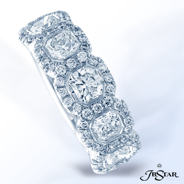 JB STAR PLATINUM DIAMOND BAND HANDCRAFTED WITH 5 GRADUATED RADIANT-CUT DIAMONDS, BEZEL SET AND INDIV