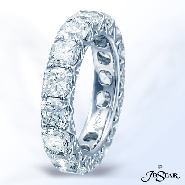 JB STAR PLATINUM ETERNITY BAND FEATURING 16 SQUARE RADIANT DIAMONDS IN A SHARED PRONG SETTING.DIAM