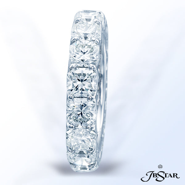 JB STAR PLATINUM ETERNITY BAND FEATURING 16 SQUARE RADIANT DIAMONDS IN A SHARED PRONG SETTING.DIAM