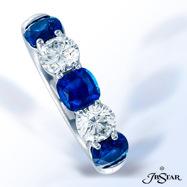 JB STAR PLATINUM DIAMOND AND SAPPHIRE BAND FEATURING ROUND DIAMONDS AND CUSHION-CUT BLUE SAPPHIRES