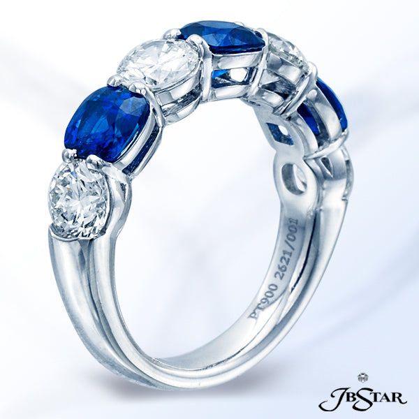 JB STAR BLUE SAPPHIRE AND DIAMOND BAND HANDCRAFTED IN A 7-STONE STYLE, WITH ALTERNATING CUSHION-CUT