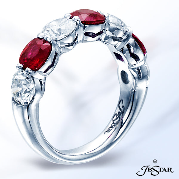 JB STAR RUBY AND DIAMOND BAND HANDCRAFTED IN A 7-STONE STYLE, WITH ALTERNATING CUSHION-CUT RUBIES AN