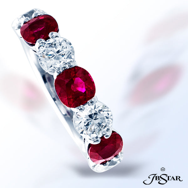 JB STAR RUBY AND DIAMOND BAND HANDCRAFTED IN A 7-STONE STYLE, WITH ALTERNATING CUSHION-CUT RUBIES AN