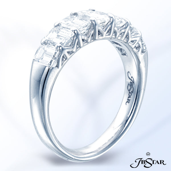 JB STAR PLATINUM DIAMOND WEDDING BAND HANDCRAFTED WITH 7 PERFECTLY MATCHED EMERALD-CUT DIAMONDS IN A