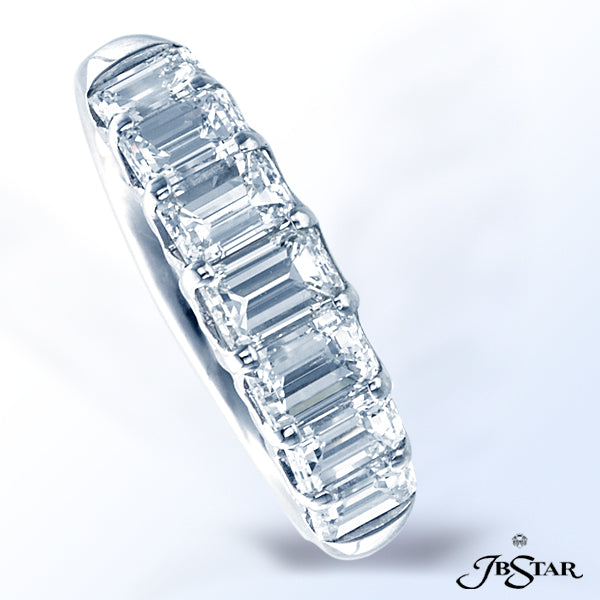 JB STAR PLATINUM DIAMOND WEDDING BAND HANDCRAFTED WITH 7 PERFECTLY MATCHED EMERALD-CUT DIAMONDS IN A
