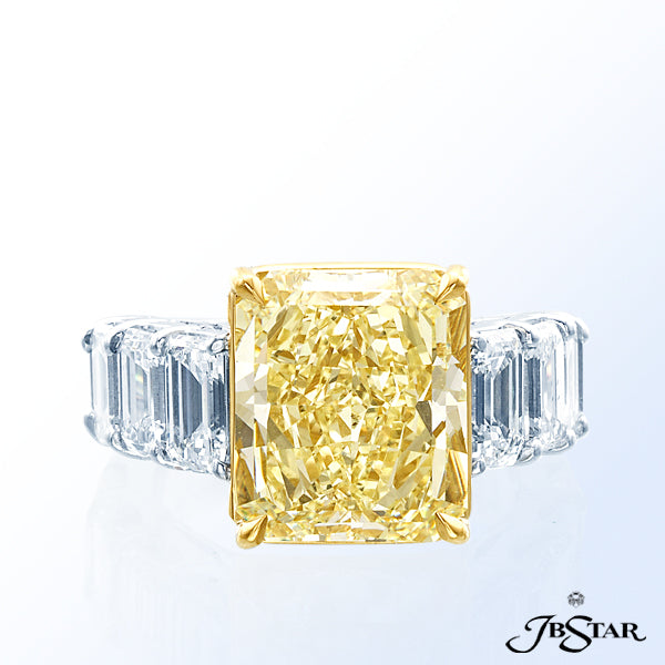 JB STAR THIS EXQUISITE PLATINUM ENGAGEMENT RING FEATURES A 8.38CT RADIANT FANCY YELLOW DIAMOND CENTE