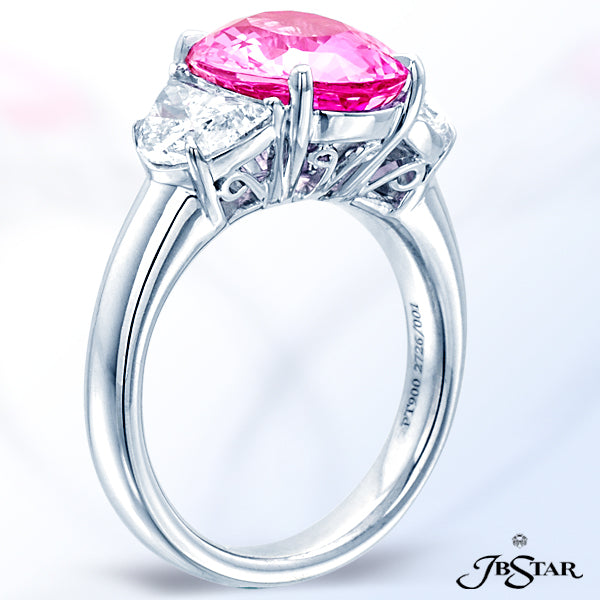 JB STAR PINK SAPPHIRE AND DIAMOND RING IN A CLASSIC THREE-STONE STYLE WITH A BEAUTIFUL 5.31CT OVAL P
