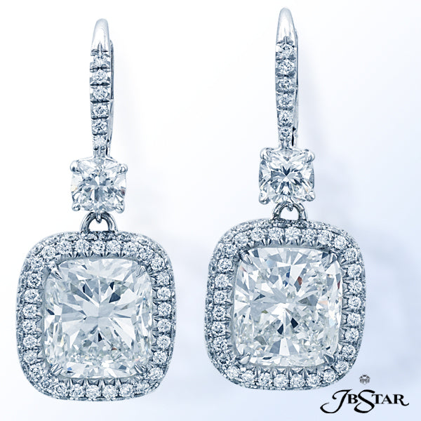 JB STAR STUNNING CUSHION-CUT DIAMOND DROP EARRINGS EDGED IN MICRO PAVE AND SET IN PLATINUM.CENTER: