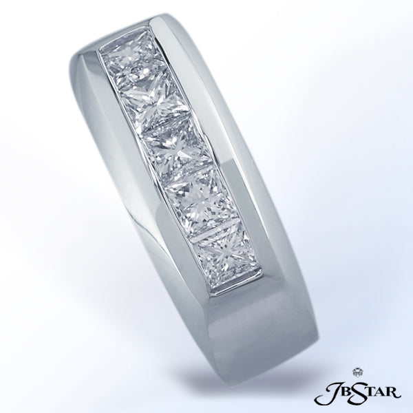 JB STAR MEN'S PLATINUM DIAMOND BAND HANDCRAFTED WITH 5 PERFECTLY MATCHED PRINCESS DIAMONDS IN CHANNE