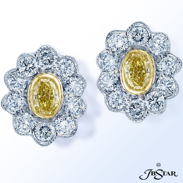 JB STAR THESE EXQUISITE EARRINGS FEATURE FANCY YELLOW OVAL DIAMONDS ENCIRCLED WITH PERFECTLY MATCHIN