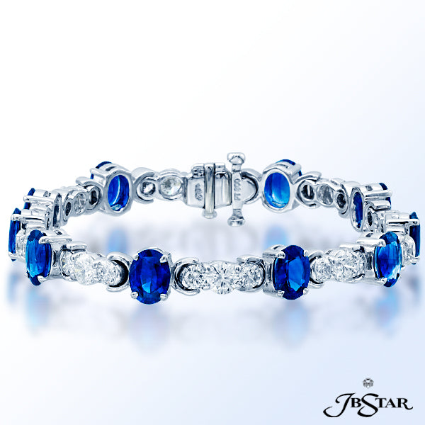 JB STAR GORGEOUS SAPPHIRE AND DIAMOND BRACELET FEATURING 10 OVAL SAPPHIRES AND ROUND DIAMONDS. PLATI