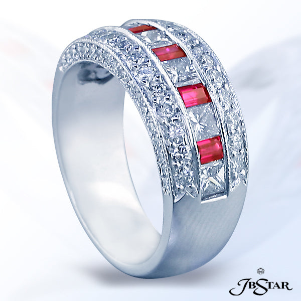 JB STAR PLATINUM DIAMOND AND RUBY BAND HANDCRAFTED WITH CAREFULLY MATCHED PRINCESS DIAMONDS AND RUBY