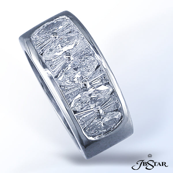JB STAR GLEAMING PLATINUM IS GRACED BY A STRIKING DISPLAY OF 1.46 CT. TW. MARQUISE CUT DIAMONDS AND