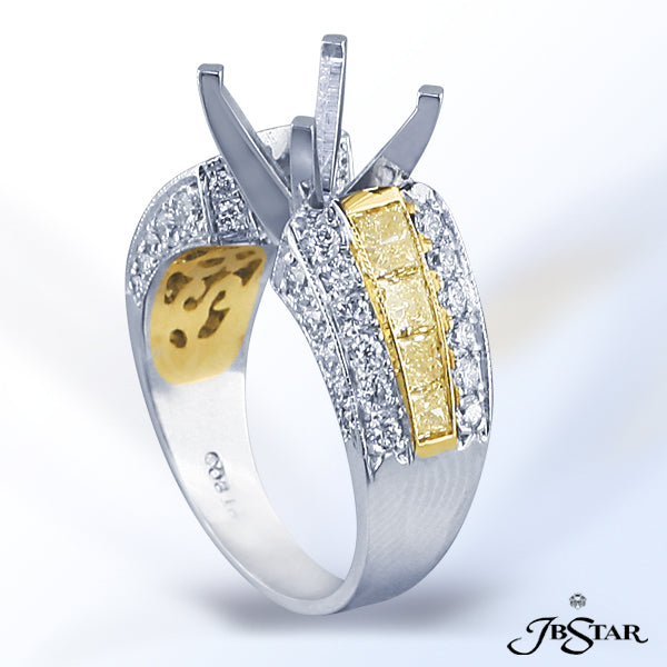 JB STAR PLATINUM DIAMOND SEMI-MOUNT HANDCRAFTED WITH A CENTER ROW OF NATURAL FANCY YELLOW PRINCESS D