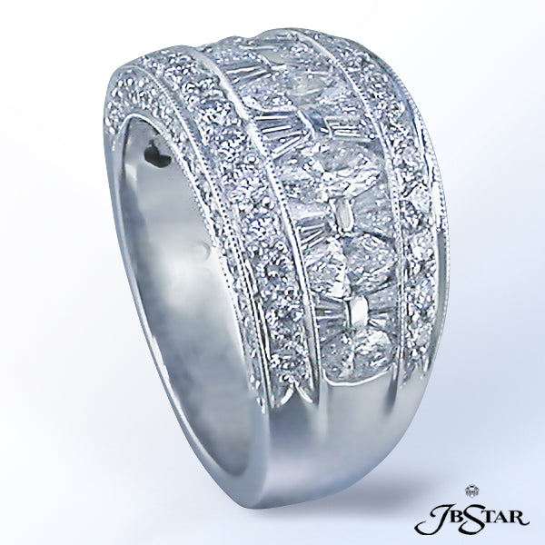 JB STAR PLATINUM DIAMOND BAND HANDCRAFTED WITH CAREFULLY MATCHED MARQUISE AND TAPERED BAGUETTES IN C