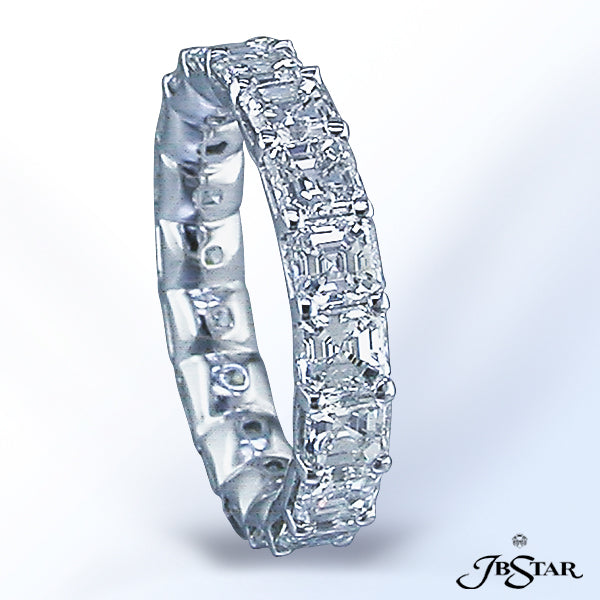 JB STAR PLATINUM DIAMOND ETERNITY BAND WITH 18 PERFECTLY MATCHED SQUARE EMERALD DIAMONDS IN SHARED P