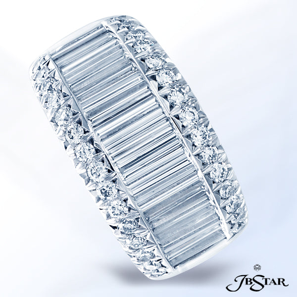 JB STAR PLATINUM DIAMOND BAND HANDCRAFTED WITH STRAIGHT BAGUETTES SET IN A CHANNEL WITH MILLEGRAIN-E