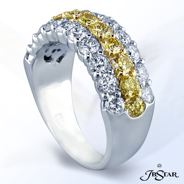 JB STAR PLATINUM AND 18KY BAND WITH 11 BEAUTIFUL NATURAL FANCY YELLOW ROUND DIAMONDS IN A CENTER ROW