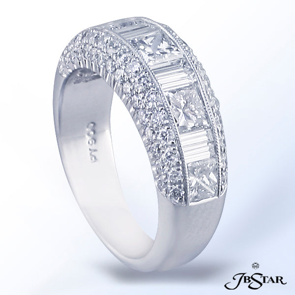 JB STAR PLATINUM DIAMOND WEDDING BAND FEATURING PRINCESS AND STRAIGHT BAGUETTE DIAMONDS IN A CENTER