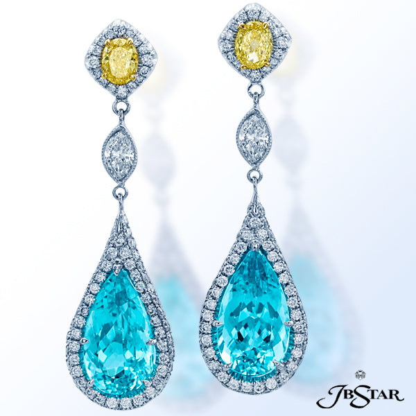 JB STAR SIGNATURE DROP EARRINGS FEATURING MAGNIFICENT PEAR SHAPE PARAIBA CENTERS, ACCENTED WITH ROUN