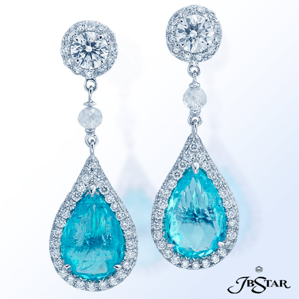 JB STAR PLATINUM PARAIBA EARRINGS FEATURING STUNNING 5.25 CT TW. PEAR-SHAPED BRAZILIAN PARAIBAS EDGE