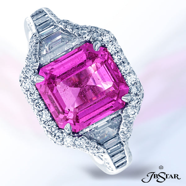 JB STAR PINK SAPPHIRE AND DIAMOND RING HANDCRAFTED WITH A BEAUTIFUL 3.36 CT "NO-HEAT" EMERALD-CUT PI